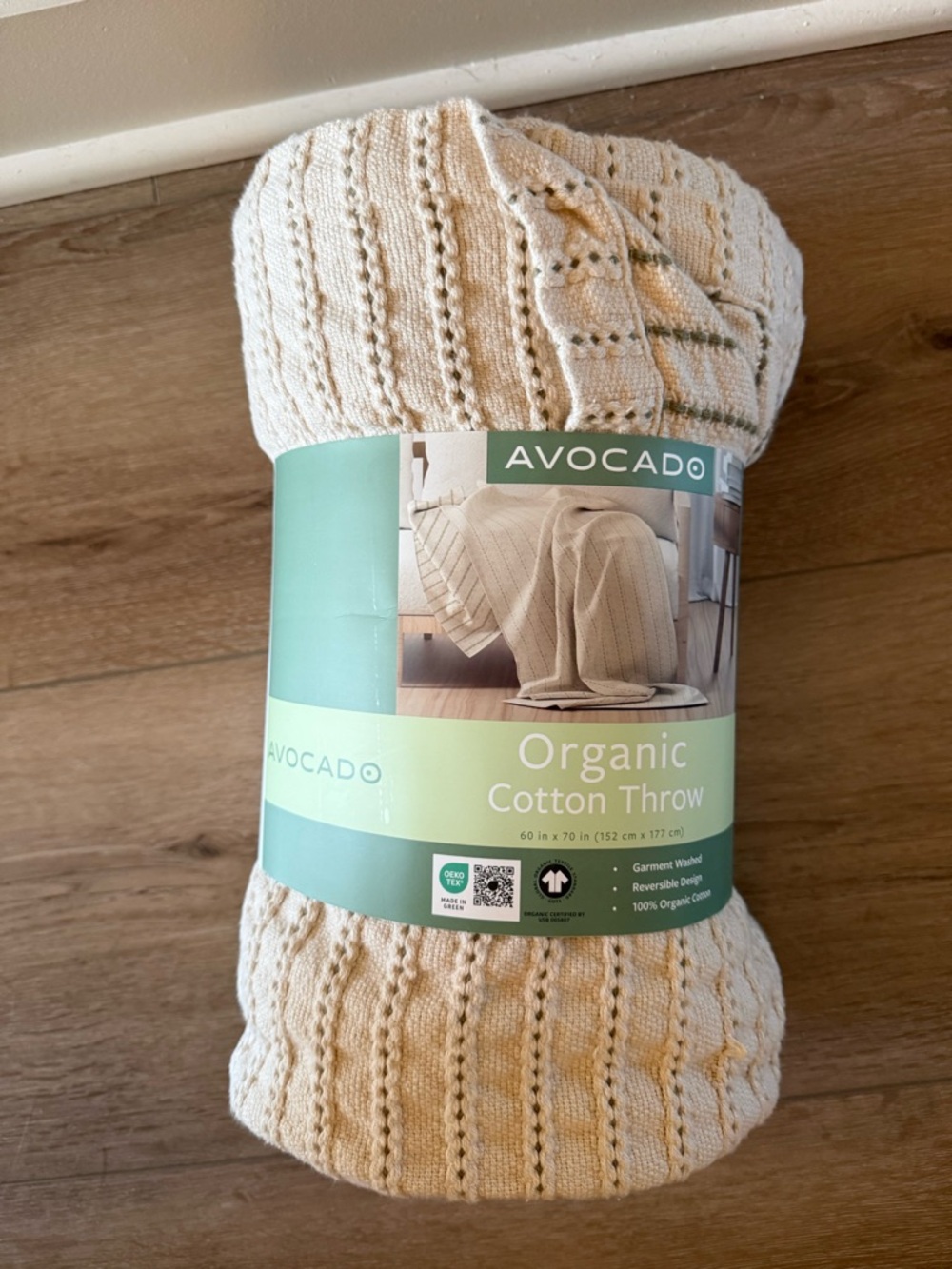 New Avocado Organic Cotton Beige Green Stripe Throw Blanket